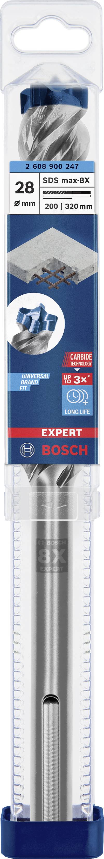 'Bosch' Bohrer in durchsichtiger Verpackung, Größe 28 mm, für Beton; verwendet SDS-max Aufnahmesystem. Verwendet bei Schlagbohrmaschinen.