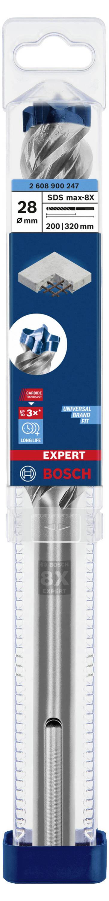 Bohrer-Set in Kunststoffverpackung. Beschriftung: '28-teiliges Zubehör', geeignet für verschiedene Materialien wie Holz und Metall.