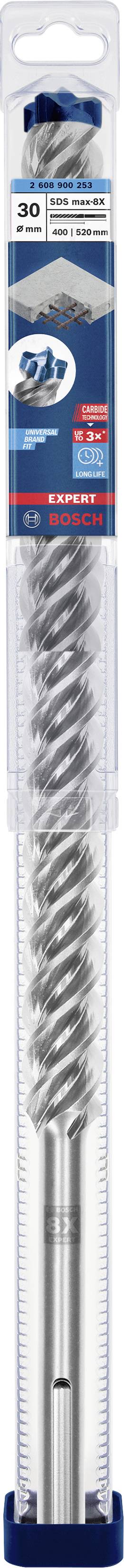 Ein Bohrer in einer transparenten Verpackung. Die Marke ist Bosch, und die Größe ist 30 x 400 mm. Der Bohrer hat eine spiralförmige Klinge.