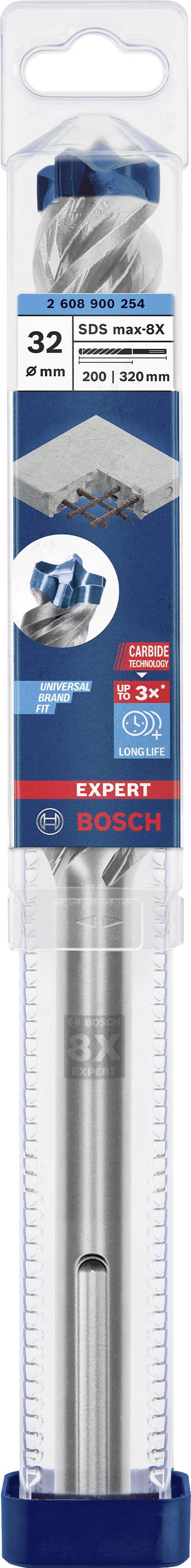 Verpackung eines Bosch Bohrers '32 mm, TBM, Betondübel' mit Bild des Bohrers, Markenlogo und wichtigen Spezifikationen.