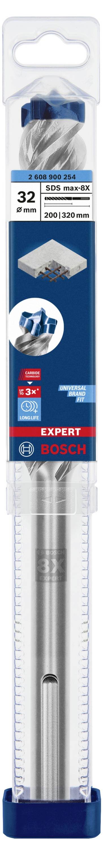 'Bohrer' in Verpackung. 'Extrahart' Aufschrift. Geeignet für Beton, Mauerwerk, Klinker. SDS plus Aufnahme, Durchmesser 32 mm. Marke Bosch.