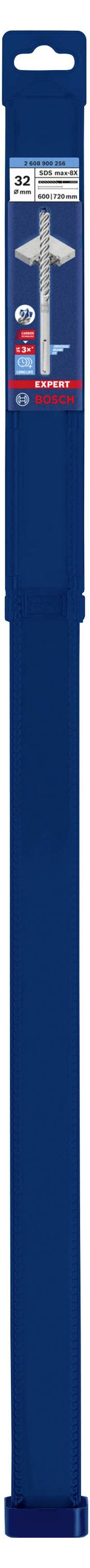 Ein blauer Bit-Halter in der Verpackung, zeigt den Markenname 'Bosch', geeignet für Universalhalter mit Schnellwechselfunktion, 200 mm Länge.