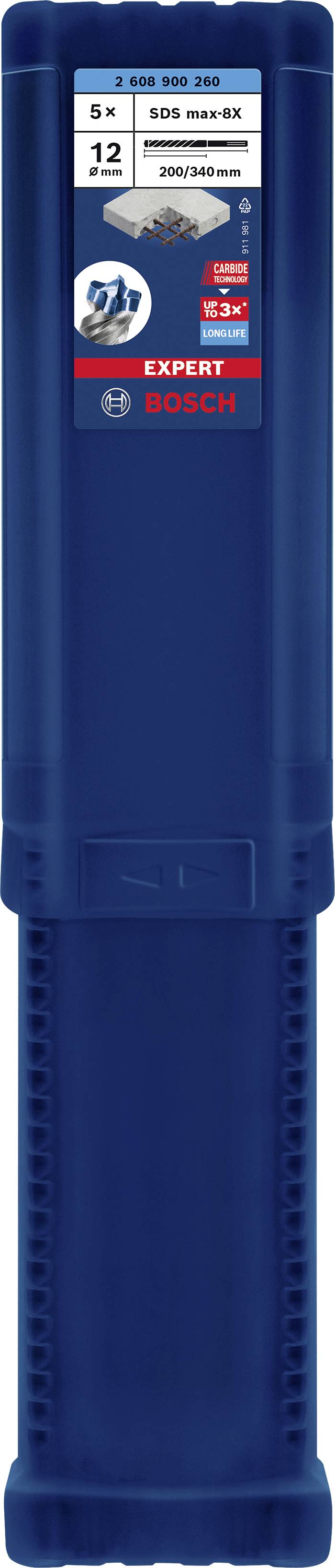 'Bosch Expert Betonbohrer', 5-Stück-Paket SDS max-8X; Durchmesser: 12 mm, Länge: 340 mm, für Beton; Verpackung zeigt Produktdetails.