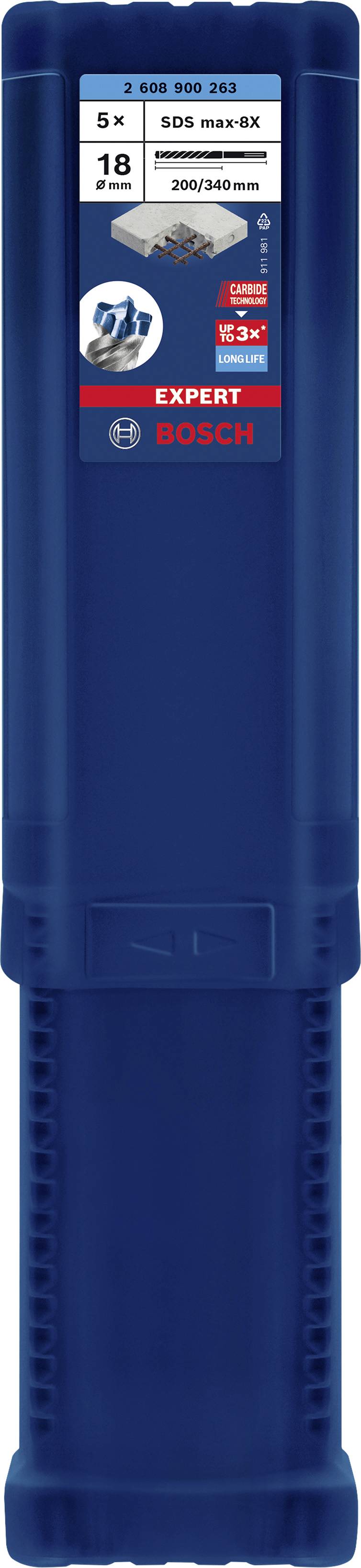 Blauer Bosch SDS max-8X Expert Werkzeugkoffer für 5 Bohrer, Durchmesser: 18 mm, Länge: 200/340 mm, geeignet für Beton.