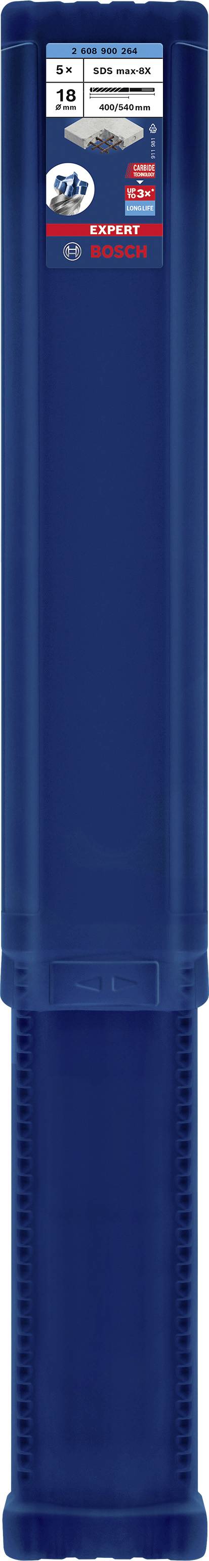 Ein langer blauer Behälter mit Aufklebern oben. Enthält Informationen über Bohrergrößen und eine Markenbezeichnung.