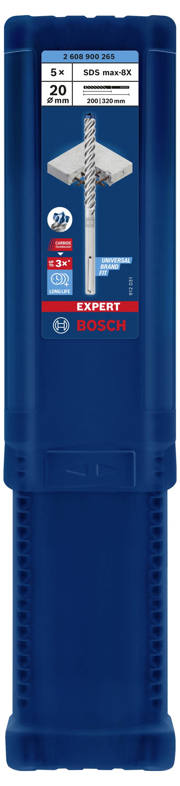 Blaue Verpackung mit dem Bosch-Logo, zeigt einen Bohrer geeignet für Mauerwerk und Beton, 5 Stück, 20 mm Durchmesser, 200 mm Nutzlänge.