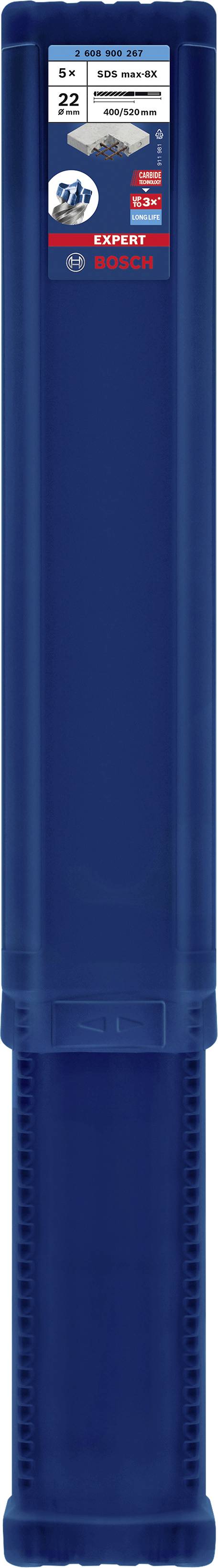 Ein blauer Behälter mit einem Etikett oben, das technische Informationen und das Bosch-Logo zeigt. Behälter vermutlich für Werkzeug.