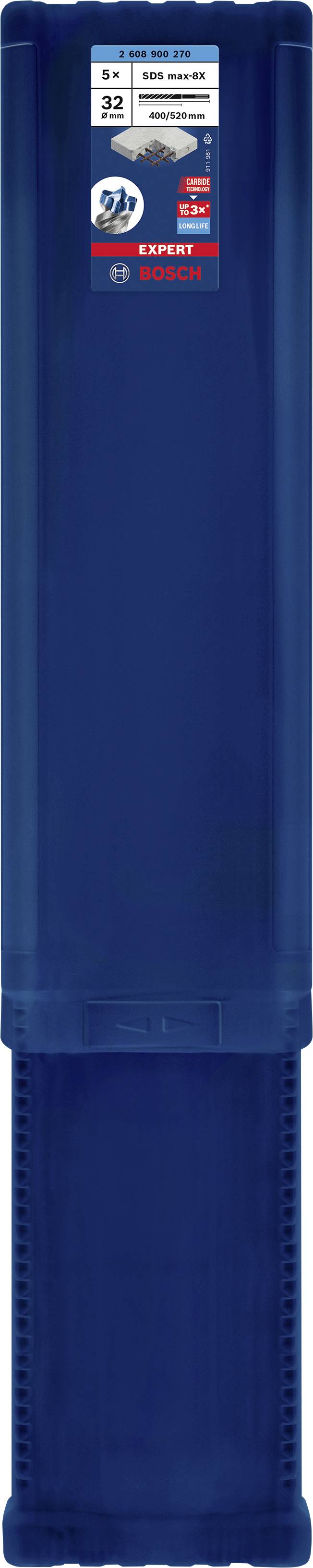 Blauer Kunststoffcontainer mit Etikett, das 'Bosch' und kompatible Produkte zeigt. Enthält Bohr- oder Schneidwerkzeuge.