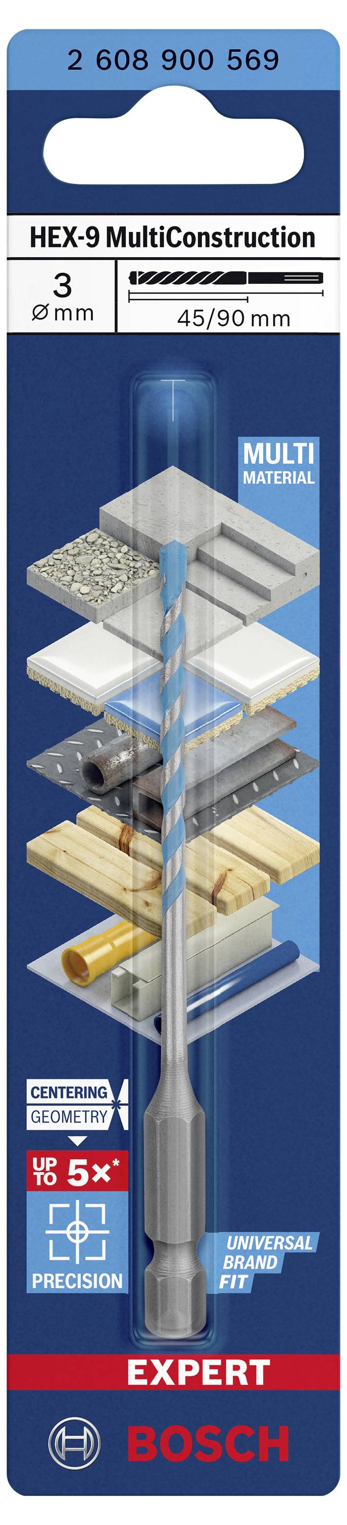 Bohrer für 'Multi Material', mit Symbolen für Beton, Fliesen, Metall, Holz, Ziegel. Kennzeichnung: 'HEX-9 MultiConstruction, 3 mm, 45/90 mm'.