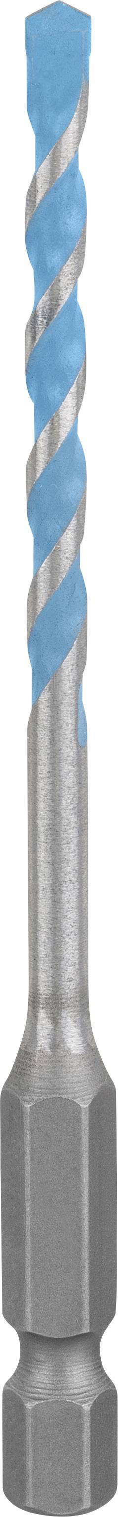 Ein silberner Bohrer mit einer blauen Spirale für das Bohren in Materialien wie Beton oder Metall.