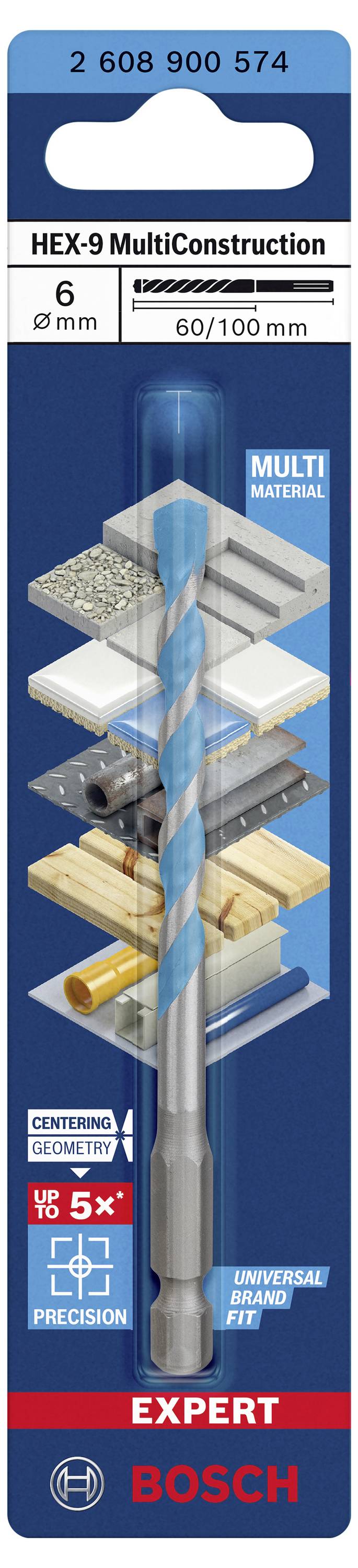 Verpackung für Bosch HEX-9 MultiConstruction Bohrer, 6 mm, für diverse Materialien. Enthält Informationen zur Präzision und Vielseitigkeit.