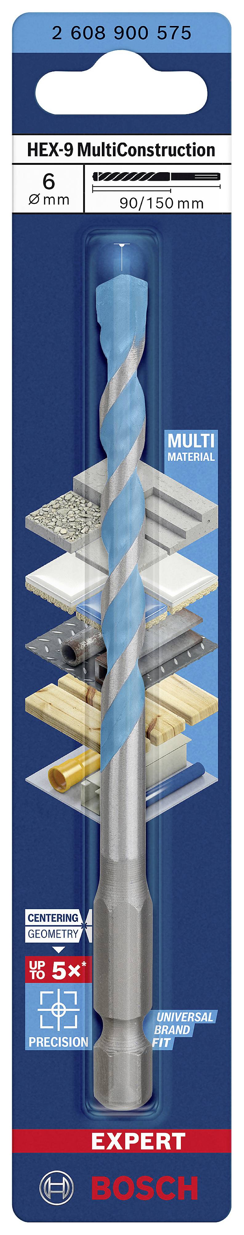 Bohrer mit blau-grauer Spitze, geeignet für Beton, Holz, Metall, Fliesen und Kunststoff; durch MultiConstruction-Technologie vielseitig einsetzbar.