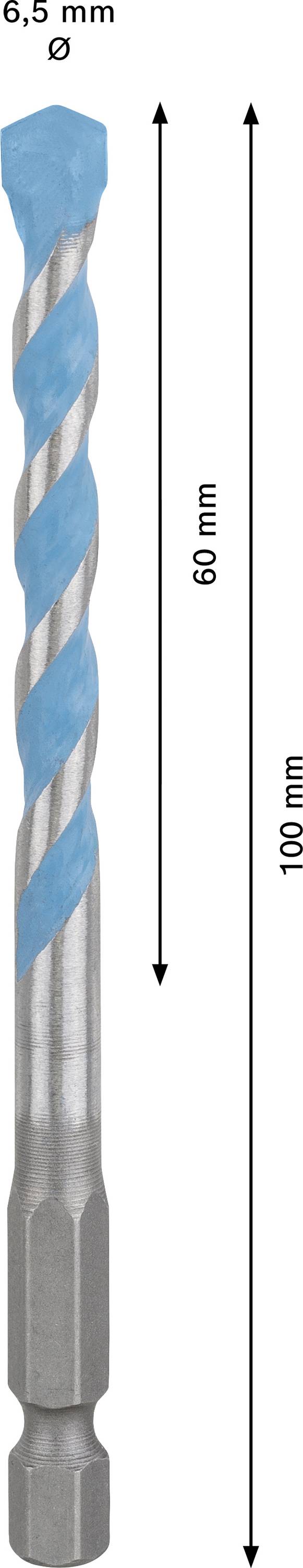 Bohrer mit blauer Spirale, Durchmesser 6,5 mm, Länge 100 mm und 60 mm markiert auf Mitte. Vorgeshen für präzises Bohren.
