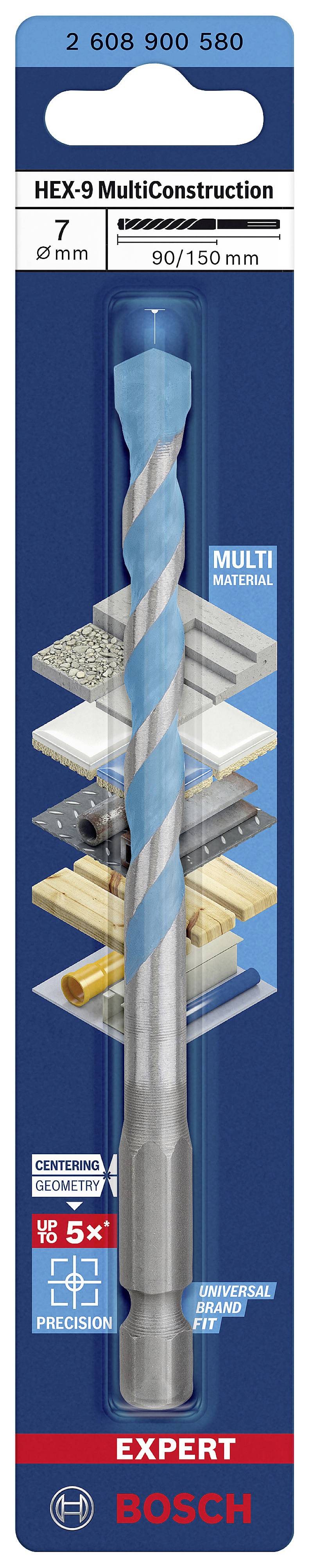 Verpackung eines Bosch-Bohrers, HEX-9 MultiConstruction, 7mm. Geeignet für Beton, Fliesen, Holz, Metall. Fünfmal längere Lebensdauer.