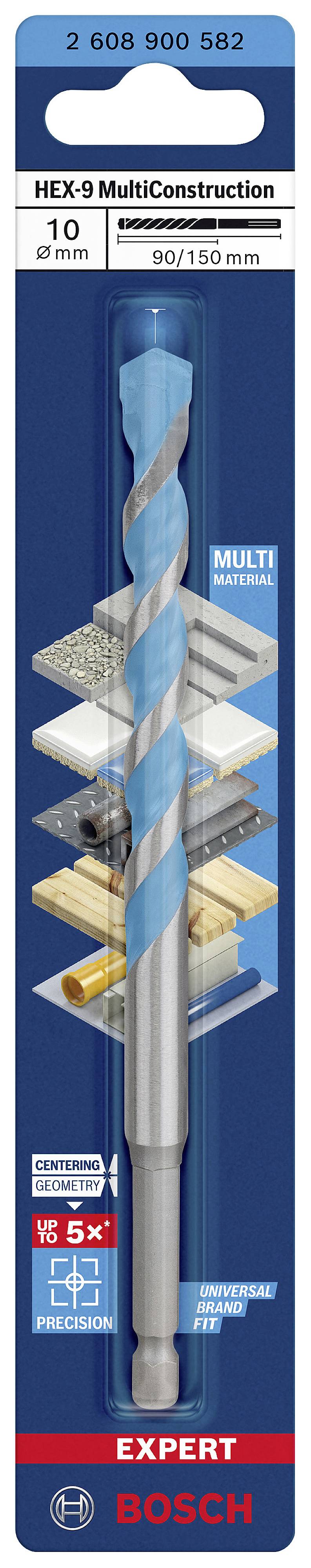 Verpackung eines 'HEX-9 MultiConstruction' Bohrers von Bosch, 10 mm, geeignet für verschiedene Materialien, zeigt Symbole für Anwendungen.