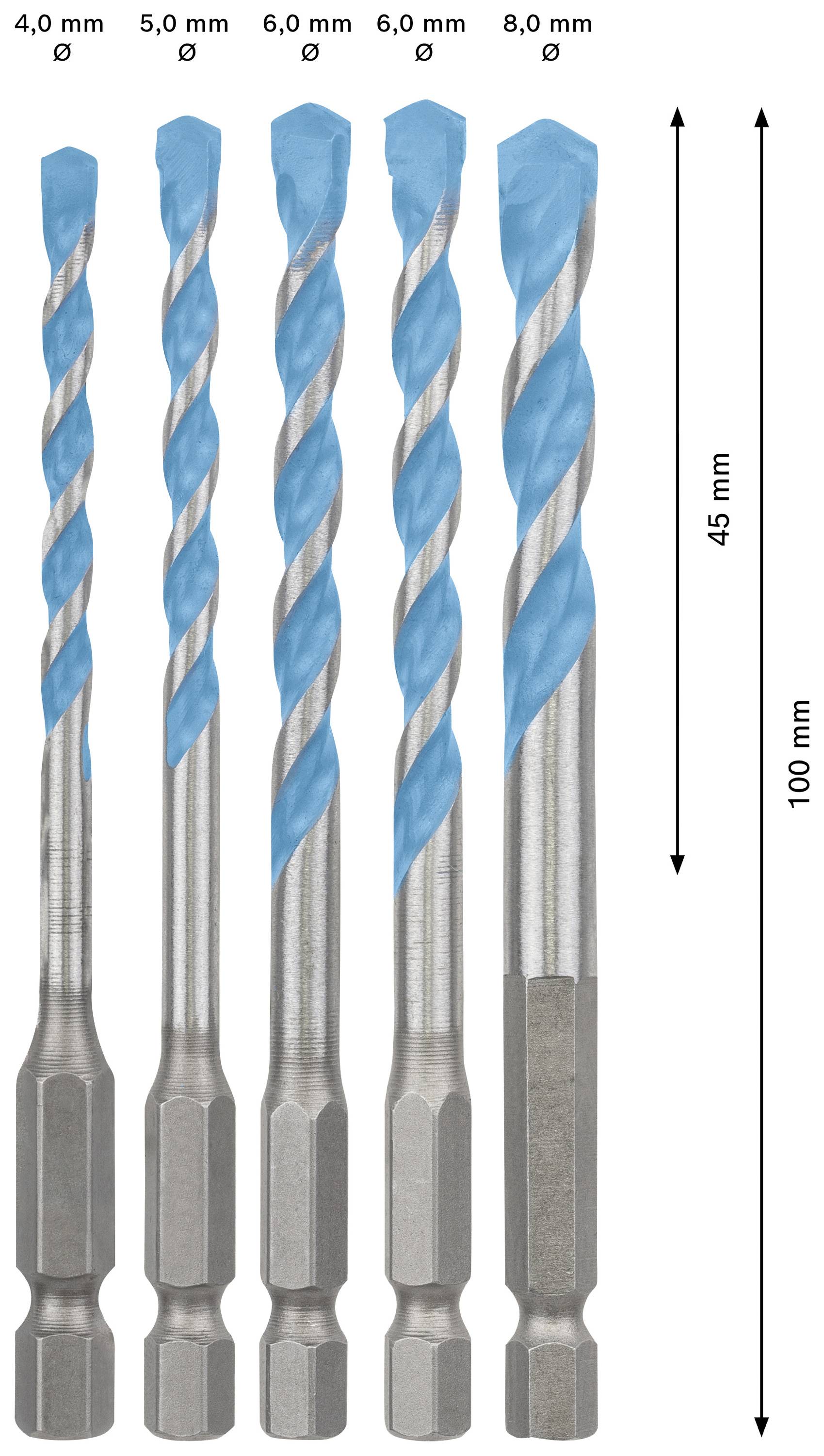 Fünf Bohrer mit Durchmessern 4,0 mm bis 8,0 mm, alle 100 mm lang. Drei dunkelgraue und zwei hellgraue Schäfte.