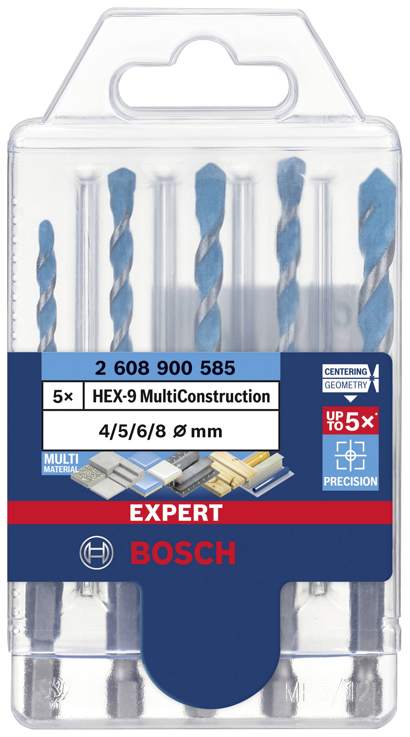 Bosch Expert HEX-9 MultiConstruction Bohrer-Set mit 5 Stück: Größen 4, 5, 6, 8 mm. Einsatz für verschiedene Materialien.