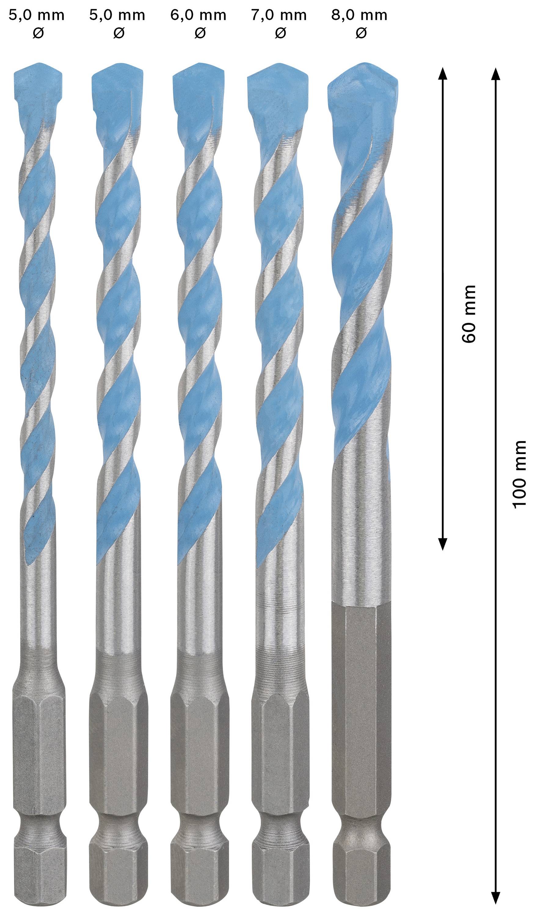 Fünf Spiralbohrer mit blauem Spiraldesign, Größen von 5,0 bis 8,0 mm Durchmesser, Länge 60 bis 100 mm.