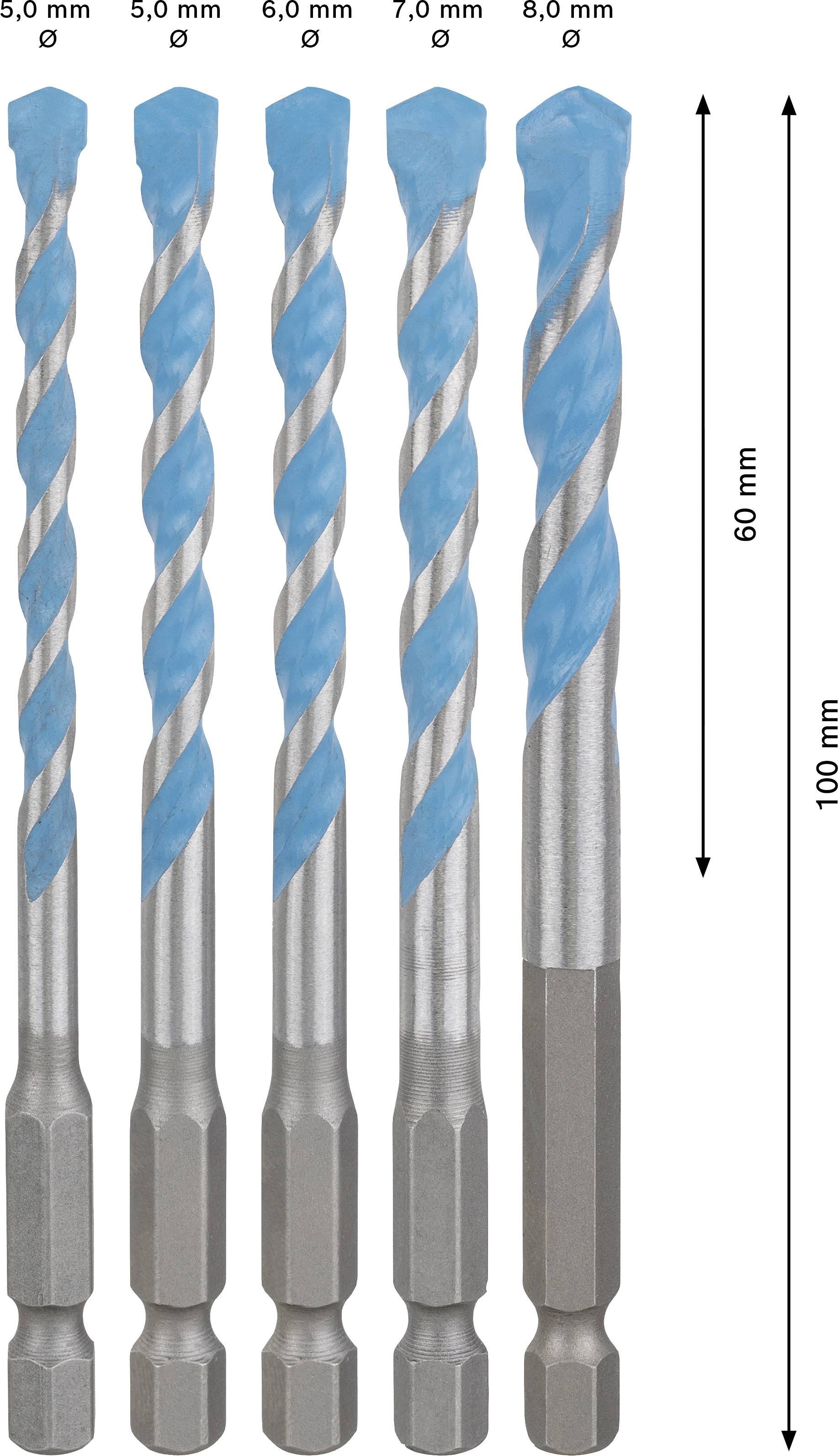 Fünf Bohrer in verschiedenen Durchmessern von 5,0 mm bis 8,0 mm, alle 100 mm lang. Sie sind mit blauen Markierungen versehen.