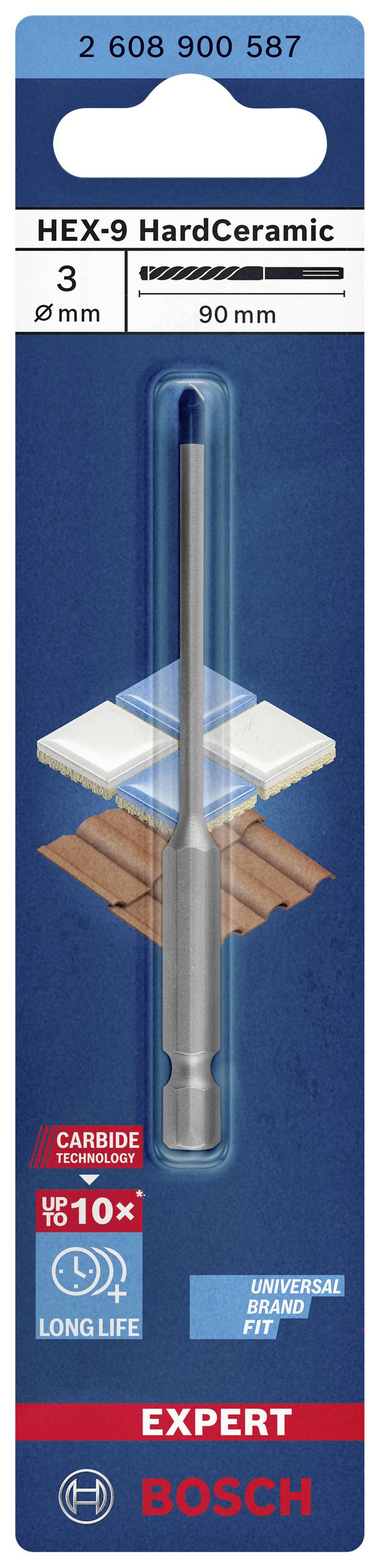 Bosch HEX-9 HardCeramic Bohrer, 3 mm Durchmesser, 90 mm Länge, für Keramik geeignet, hohe Langlebigkeit und universelle Passform.