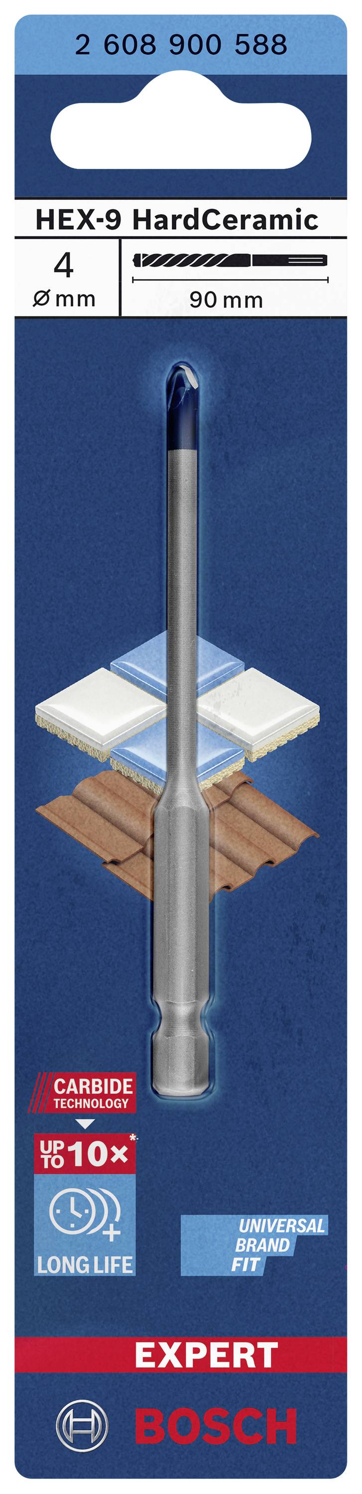Bosch HEX-9 Hartkeramikbohrer, 4 mm Durchmesser, 90 mm Länge, geeignet für Keramik und Steinzeug. Langlebig und universell einsetzbar.