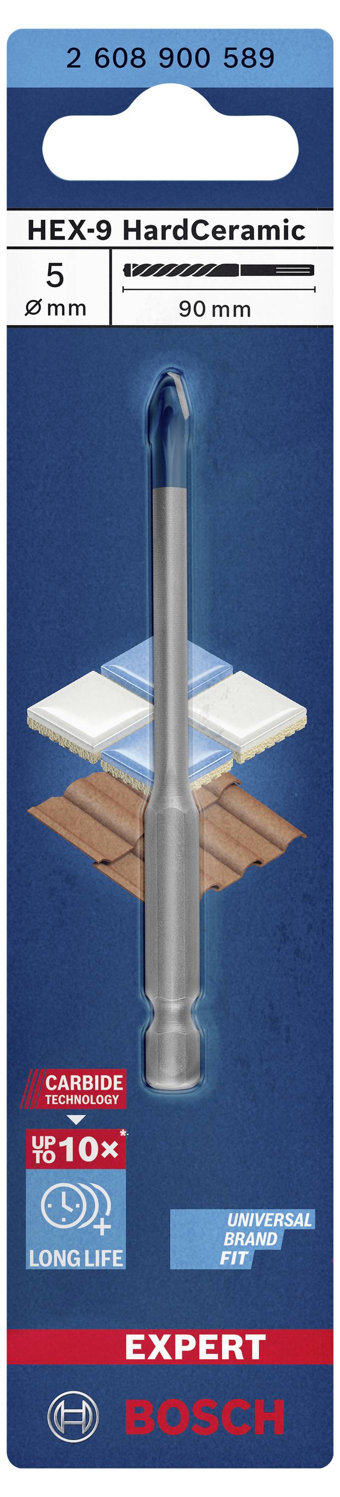 Bosch HEX-9 HardCeramic Bohrer für Keramikfliesen; 5 mm Durchmesser, 90 mm Länge. Geeignet für lange Lebensdauer bei harten Materialien.