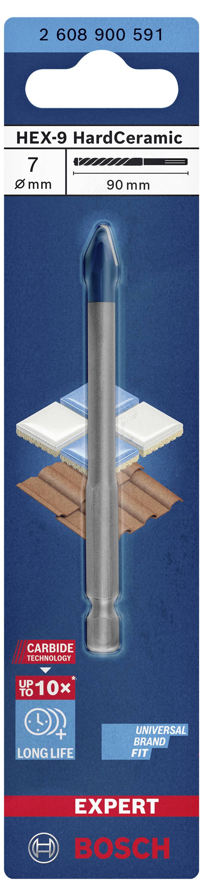 'HEX-9 HardCeramic' Bohrer von Bosch mit einer Stärke von 7 mm und einer Länge von 90 mm, geeignet für Fliesen und Keramik.