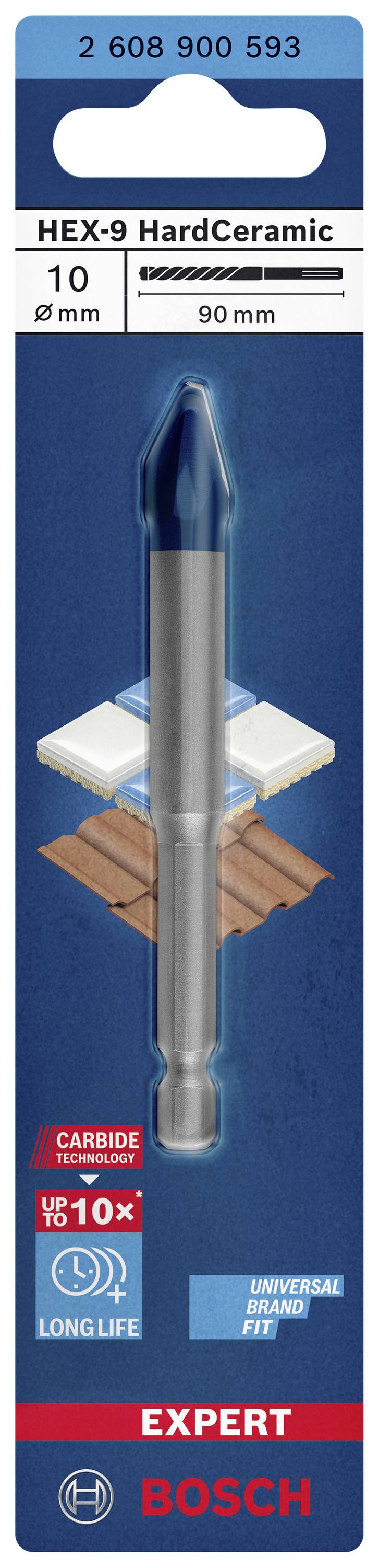 Bohrer für keramikfliesen von Bosch, Produktname 'HEX-9 HardCeramic', 10 mm Durchmesser, 90 mm Länge.