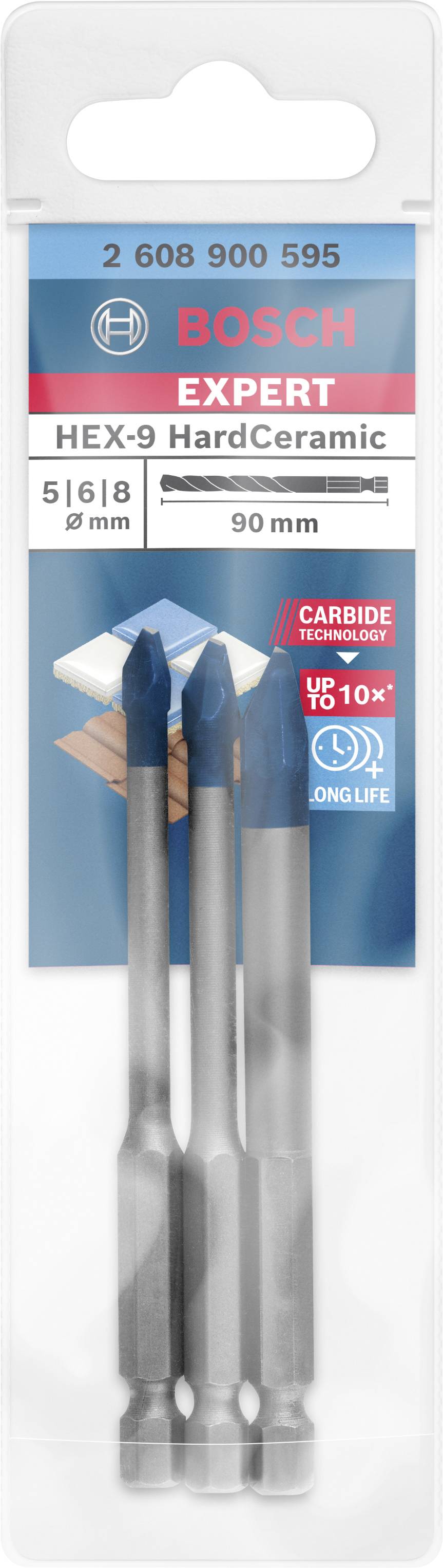 Packung mit drei Bosch Expert HEX-9 HardCeramic Bohrern, geeignet für Fliesen. Größe: 5, 6, 8 mm; Länge: 90 mm. Besonders langlebig.