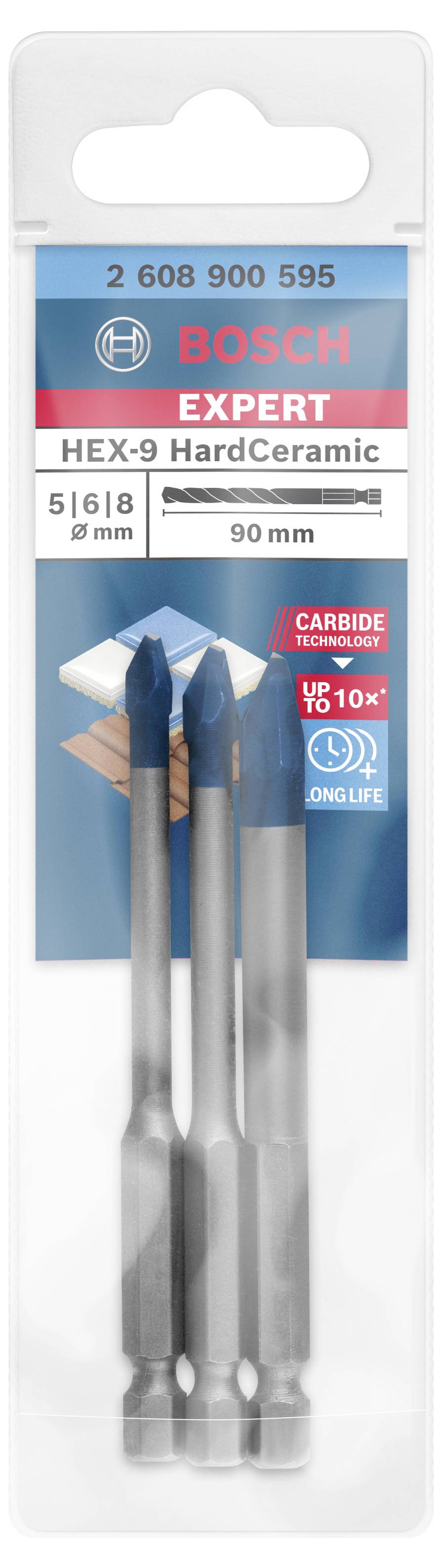 Drei Bosch HEX-9 HardCeramic Bohrer in einer Verpackung, geeignet für Keramik, mit Durchmessern von 5, 6 und 8 mm und 90 mm Länge.