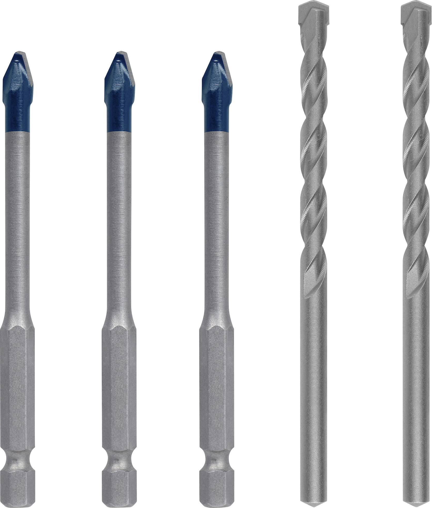 Vier Bohrer, zwei mit glatter Spitze und zwei spiralig, liegen parallel. Differenzierte Spitzen und Schaftstrukturen sind sichtbar.