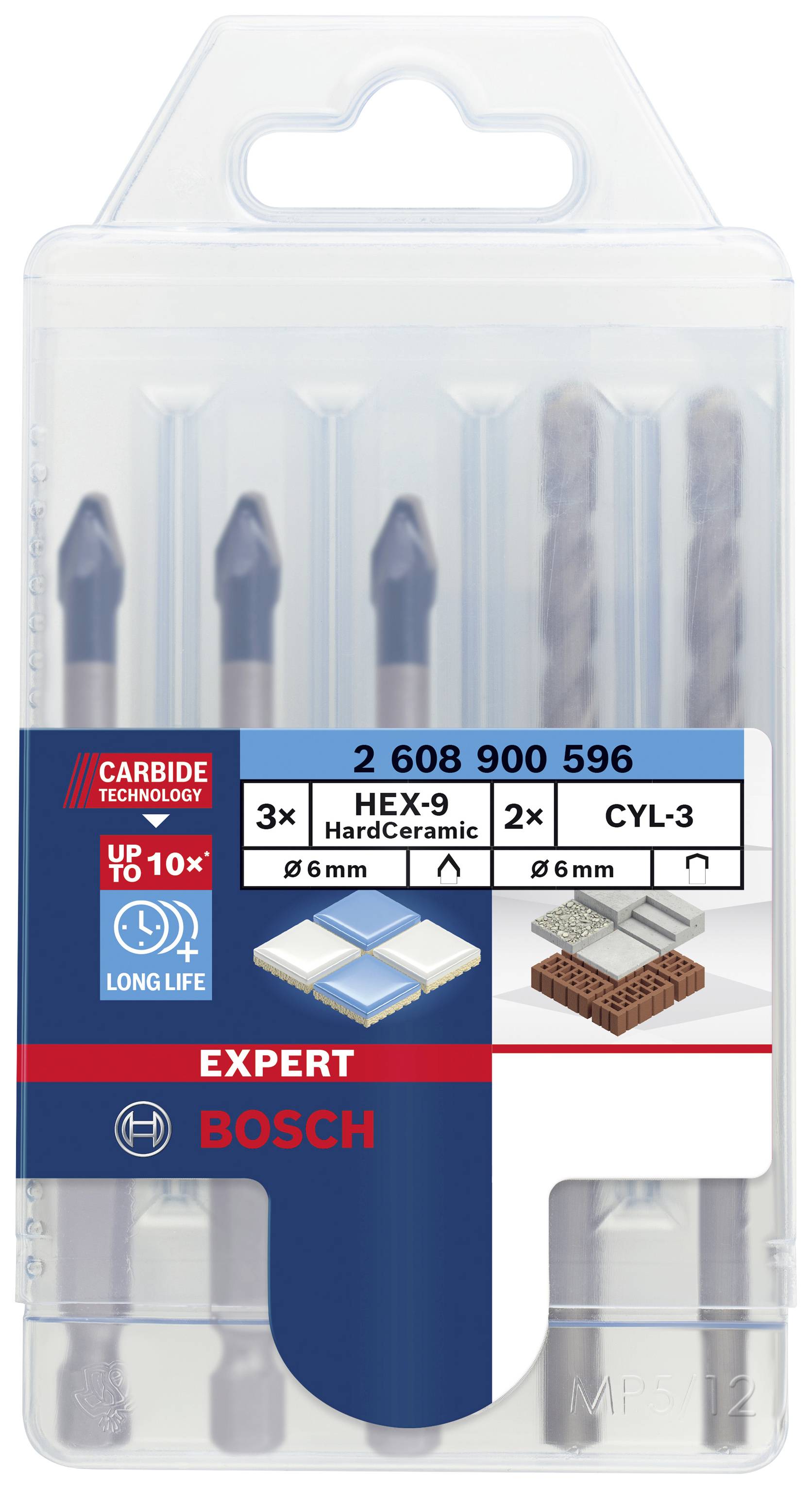 Bohrer-Set in Kunststoffbox. Enthält drei Hex-9 Keramik- und zwei Cyl-3 Betonbohrer, geeignet für harte Materialien. Marke Bosch.