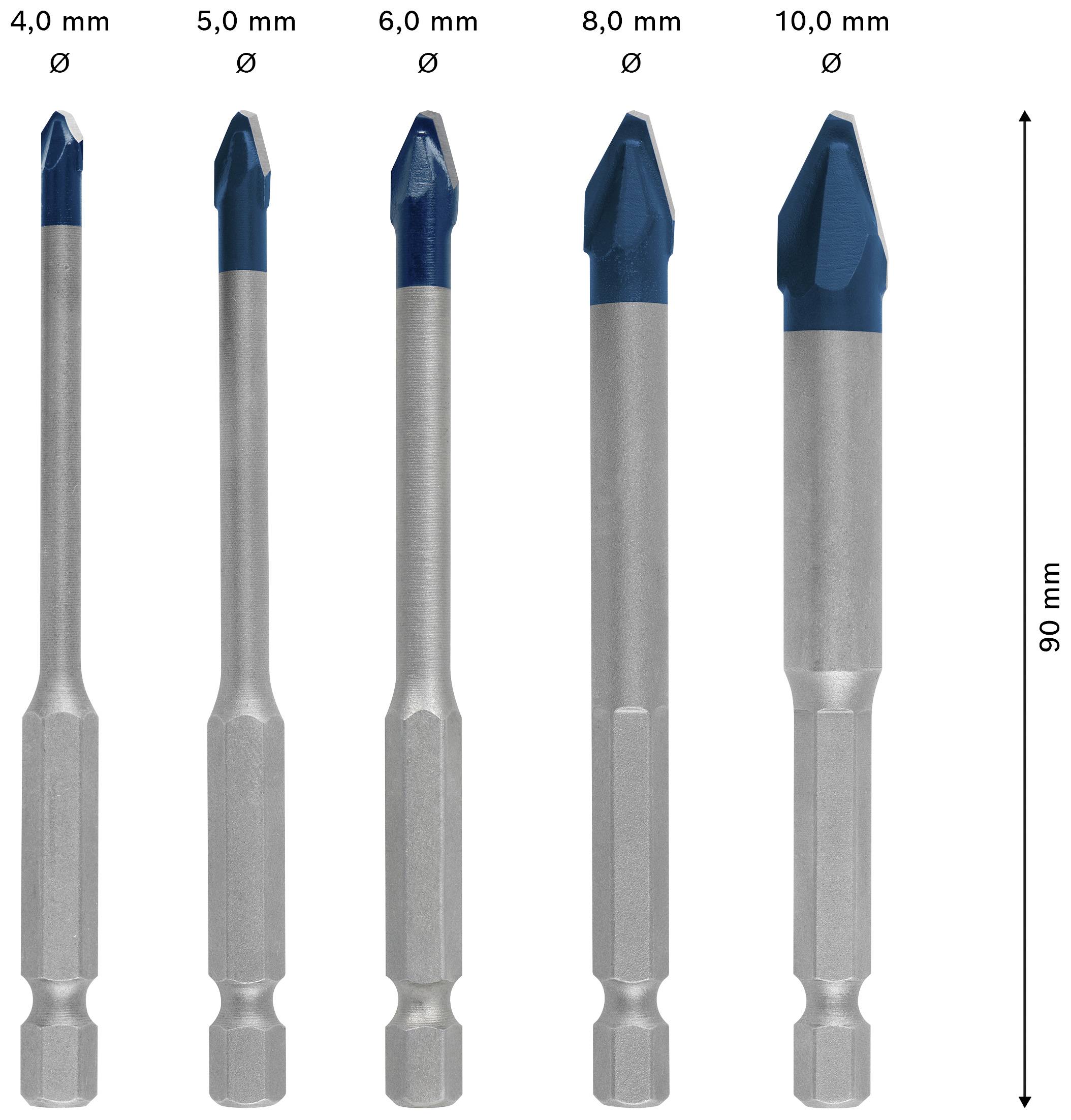 Fünf Bohrer in verschiedenen Größen (4,0 mm bis 10,0 mm) sind in einer Reihe angeordnet, jeweils mit blauen Spitzen. Die Gesamtlänge beträgt 90 mm.