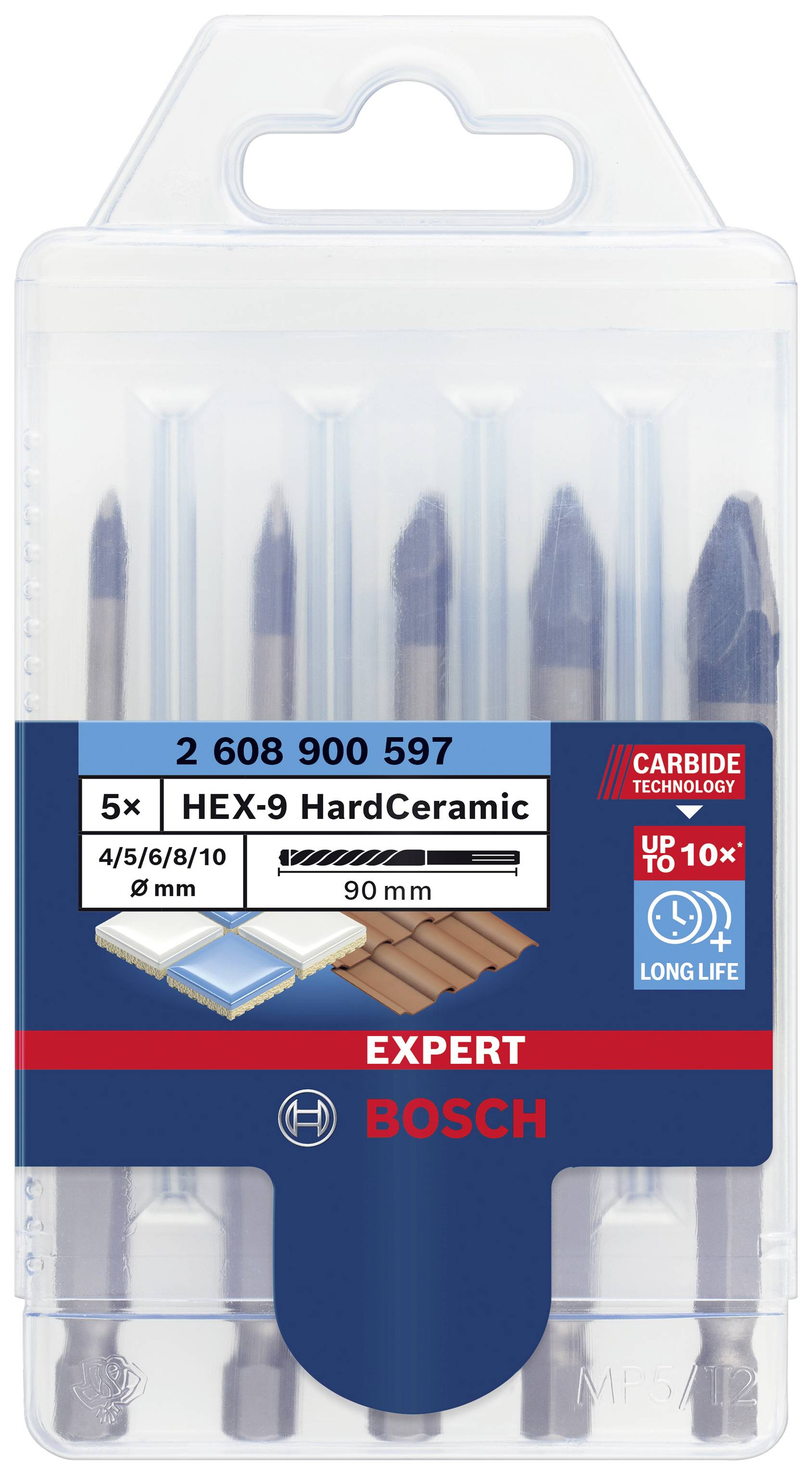Bosch Expert HEX-9 HardCeramic Set: Fünf 90-mm-Bohrer für Fliesen, Größen 4/5/6/8/10 mm, langlebig dank Carbide-Technologie.