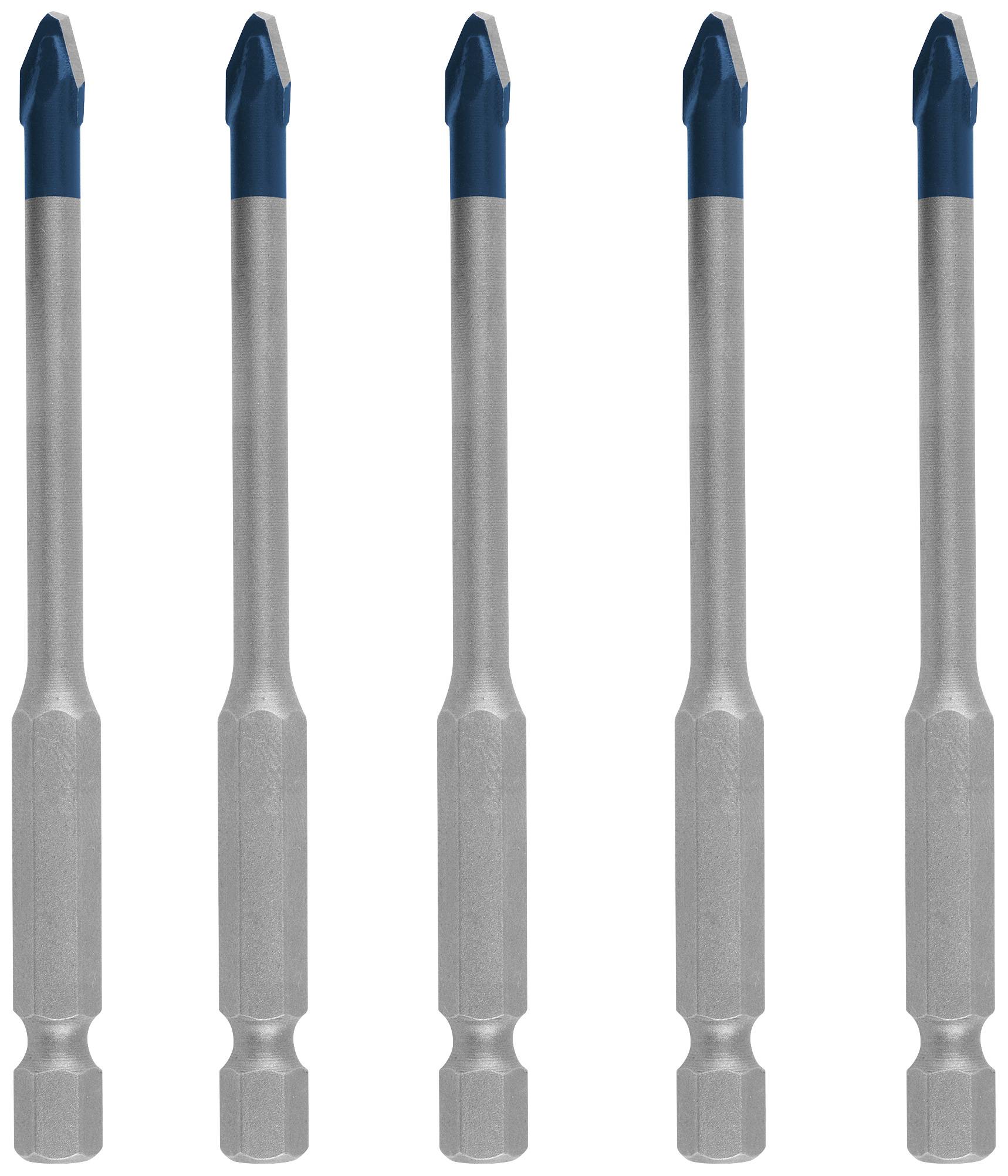 Fünf silber-blaue Sechskantbits mit blauer Spitze stehen in einer Reihe. Sie dienen dem Eindrehen von Schrauben und Bohren.