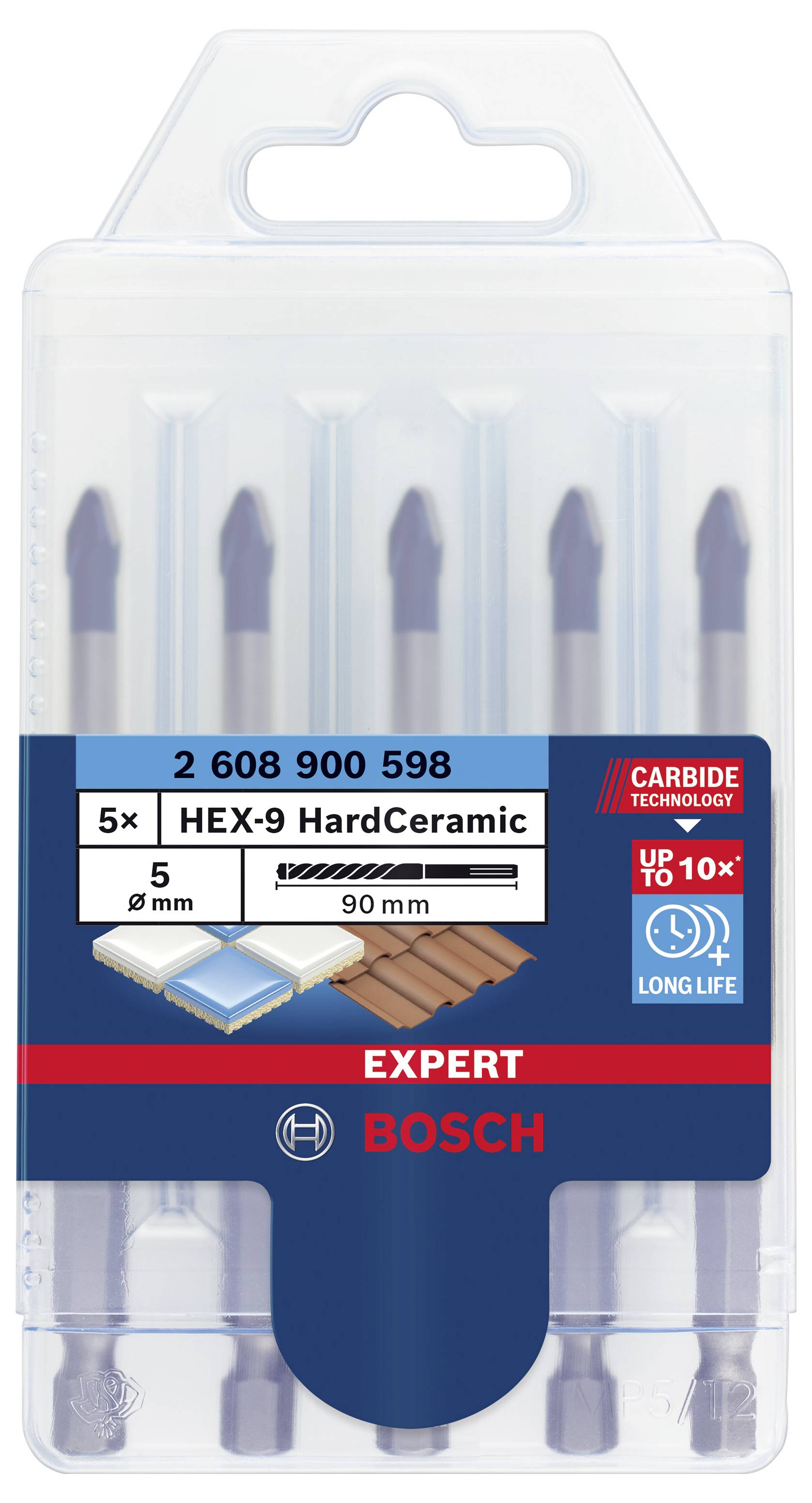 Eine Packung mit fünf Bosch HEX-9 HardCeramic Bohrern, geeignet für Keramik und hartes Material, Bohrdurchmesser 5 mm, Länge 90 mm.