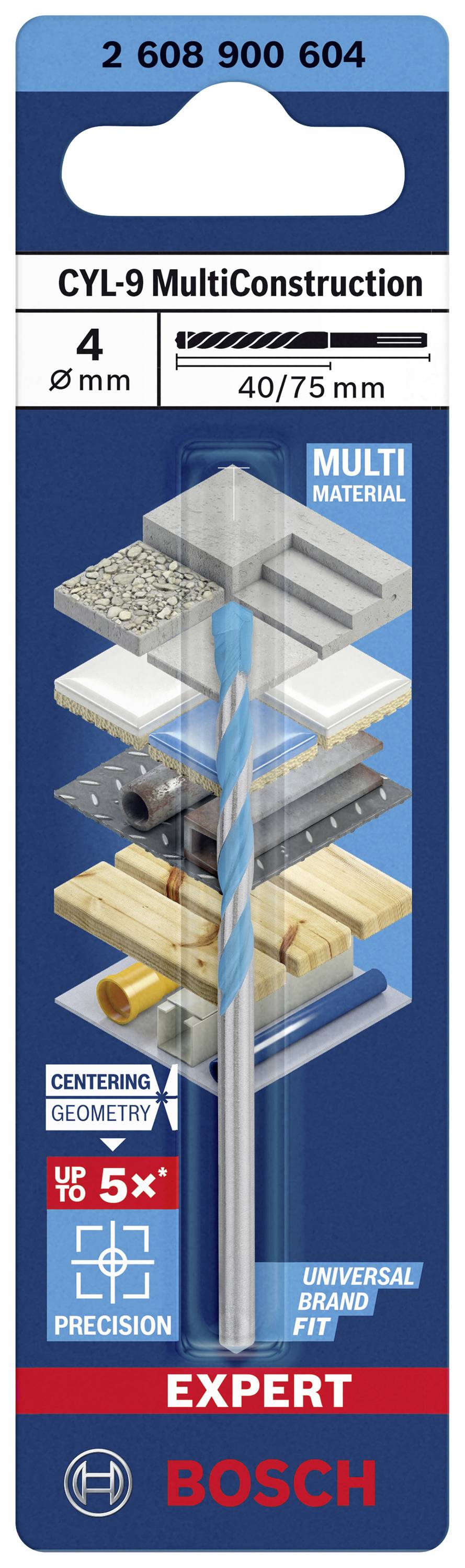 Bosch CYL-9 MultiConstruction Bohrer für verschiedene Materialien, Durchmesser 4 mm, Länge 40/75 mm, geeignet für universelle Anwendungen.