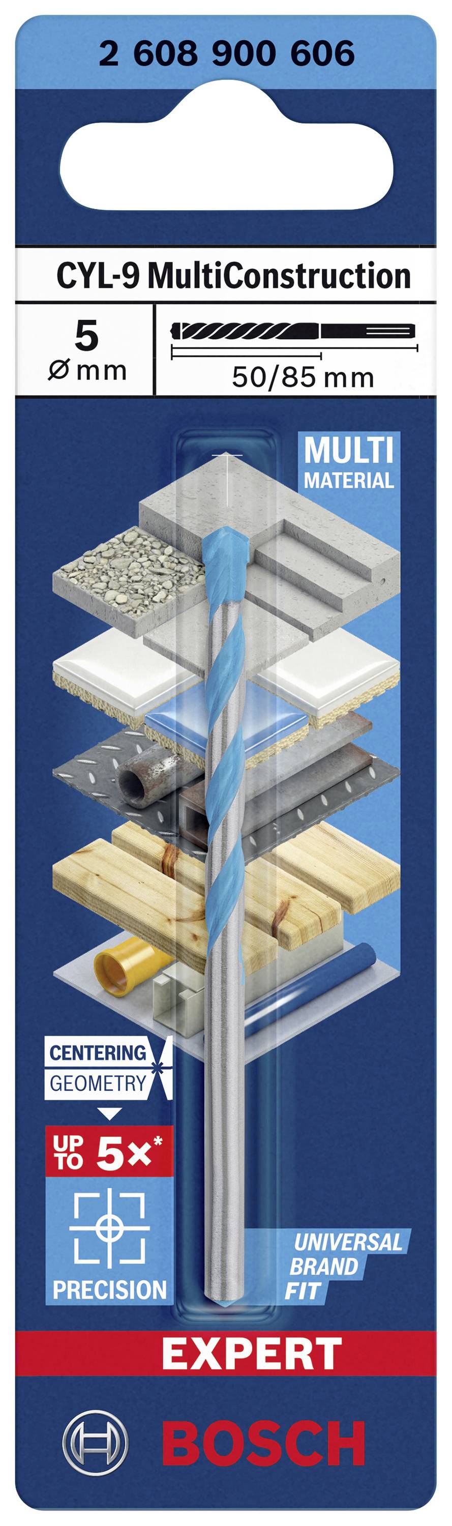 Verpackung für einen Bosch CYL-9 MultiConstruction Bohrer, 5 mm Durchmesser, für verschiedene Materialien, präzise und universell passend.