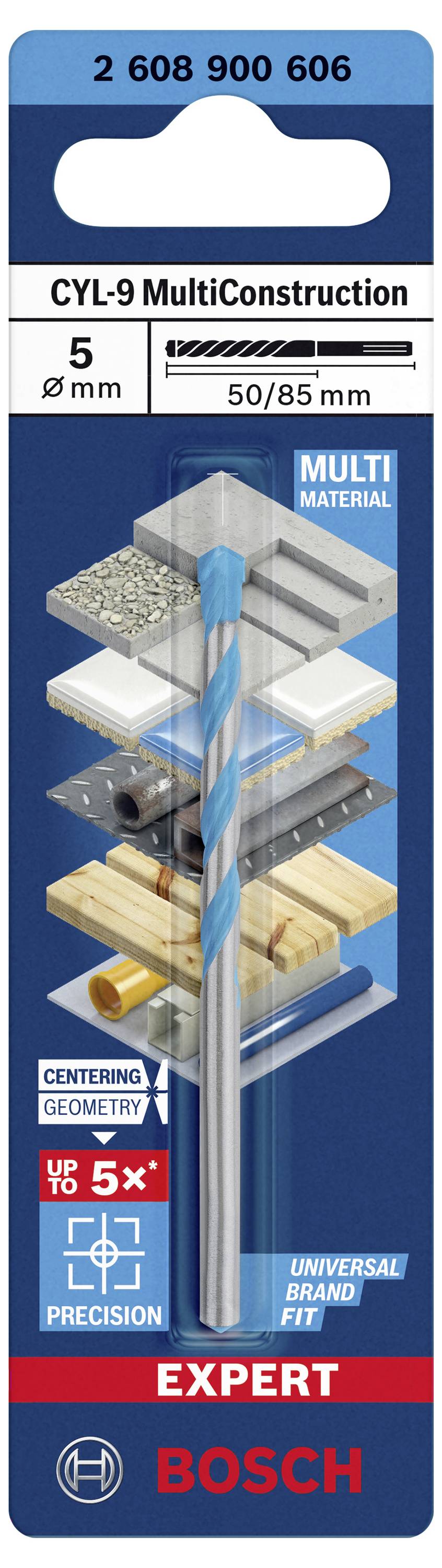 Bohrer-Verpackung, Bosch CYL-9 MultiConstruction, 5 mm Durchmesser, zeigt Anwendungsbereiche: Ziegel, Holz, Metall und mehr.