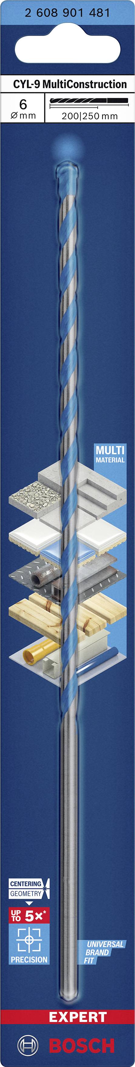 Verpackung eines Bosch Bohrers für Beton, Metall, Holz und Fliesen. Aufschrift: '6x100mm, Expert CYL-9 MultiConstruction'.