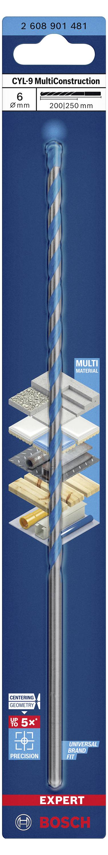 Bohrer im Verpackungsdesign, zeigt Kompatibilität mit unterschiedlichen Materialien wie Beton und Stein. Marke 'Bosch Expert'.