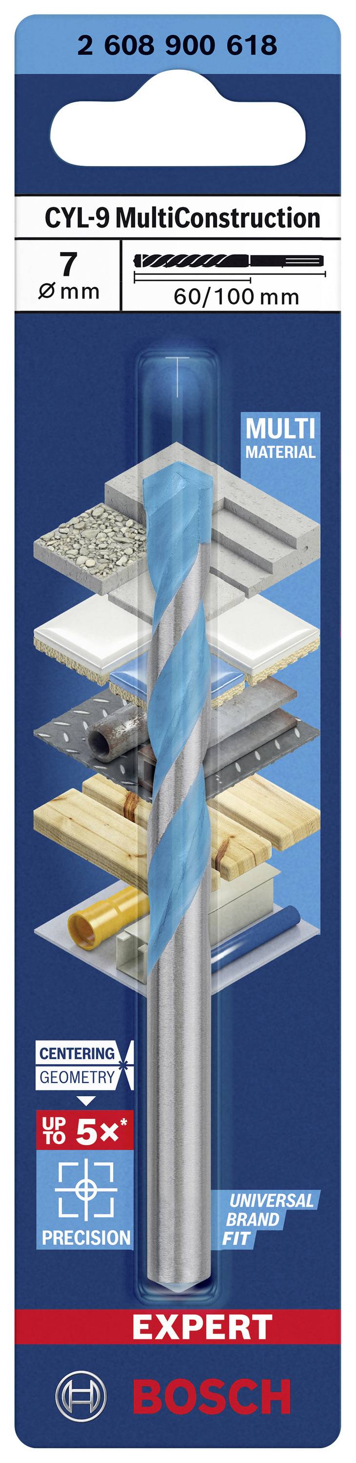 'Bosch CYL-9 MultiConstruction Bohrer' für 7 mm, Länge 60/100 mm. Geeignet für verschiedene Materialien. Verpackung zeigt Anwendungen.