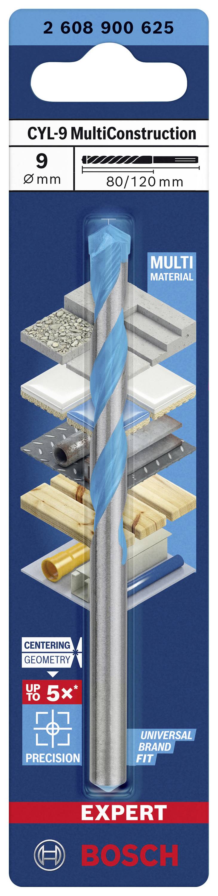 'Bosch CYL-9 MultiConstruction Bohrer', Durchmesser 9mm, Länge 80/120mm, für verschiedene Materialien; Abbildung des Bohrers und Anwendungsbeispiele.