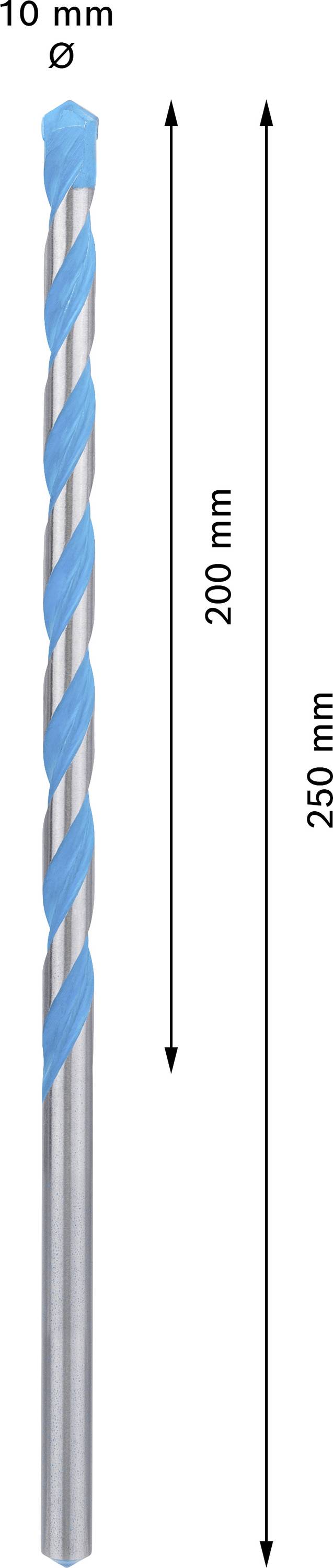 Ein langer Bohrer mit einer Gesamtlänge von 250 mm und einem Durchmesser von 10 mm, wovon 200 mm der spiralförmige Schaft ist.