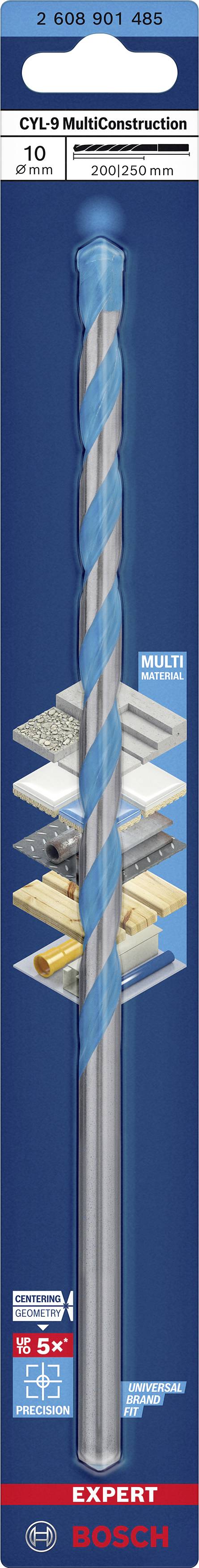'BOSCH CYL-9 Bohrer' auf blauem Hintergrund, geeignet für Beton, Mauerwerk, Fliesen, Holz und mehr. Größe: 10 x 100 mm, Expert-Serie.