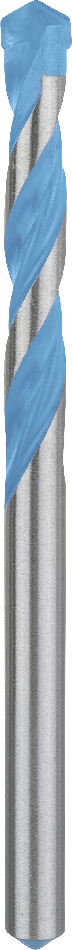 Ein silberner und blauer Spiralbohrer mit einem glatten, metallischen Schaft und einer spiralförmigen Schneide.