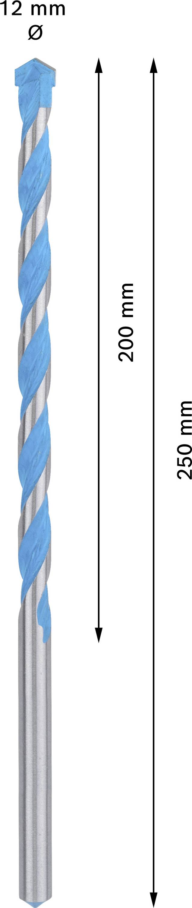 Bohrer mit einem Durchmesser von 12 mm und einer Länge von 250 mm, nutzbare Länge 200 mm. Blaues Spiralmuster auf silberner Oberfläche.
