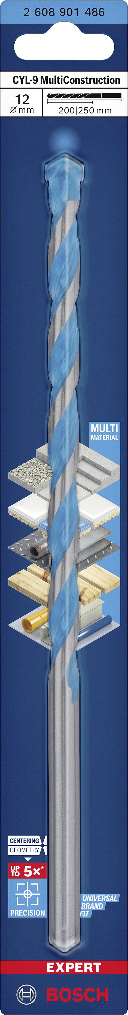 'Bosch' Bohrer mit blau-grauer Spirale, geeignet für Beton, Metall, und Fliesen. Spezifikationen: Durchmesser 12 mm, 'CYL-9' MultiConstruction.