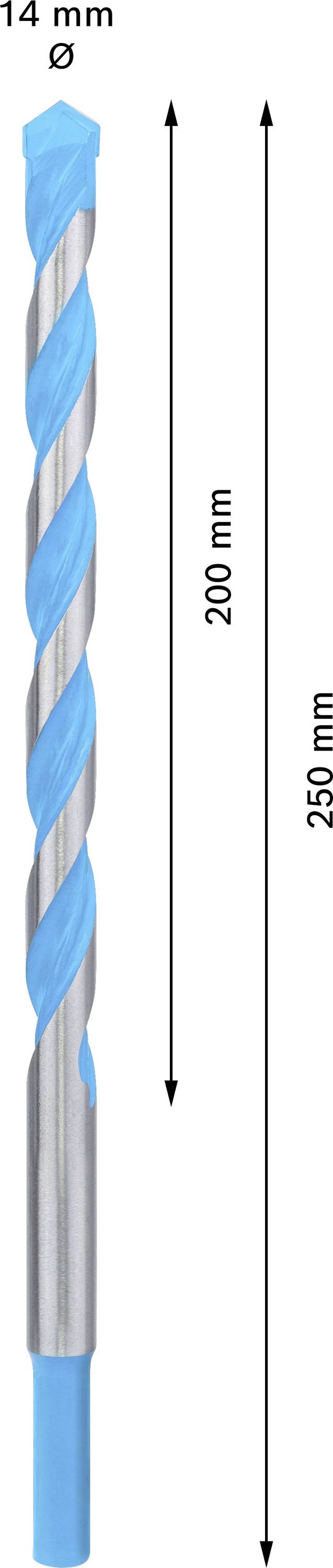 Bohrer mit blauem spiralförmigem Muster. Durchmesser: 14 mm, Gesamtlänge: 250 mm, Arbeitslänge: 200 mm.