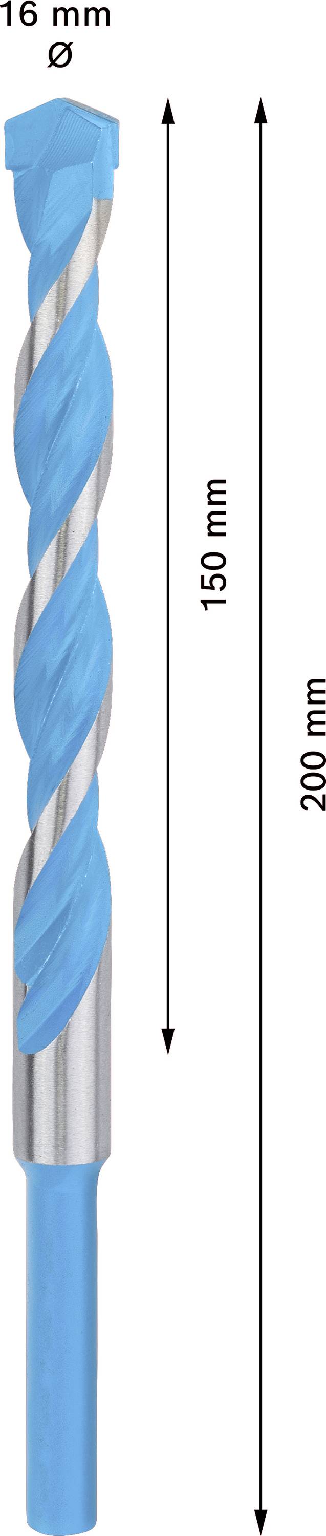 Bohrer, Durchmesser 16 mm, Gesamtlänge 200 mm, Spirallänge 150 mm, blaue Spirale mit silbernen Abschnitten.